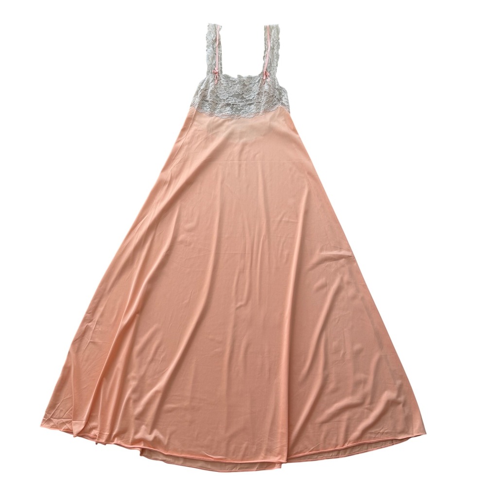 Glydons Vintage 70s Lace Maxi Slip Dress Peach Nylon Nightgown Medium Peach